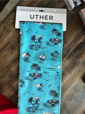 NWT Uther Golf Caddy Tour Towel Blue Waffle Texture Palm Tree Beach Dual Hanging